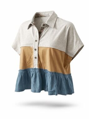 New with Tag Hem & Thread Colorblock Button-Front Ruffle Top - Cream, Tan & Blue